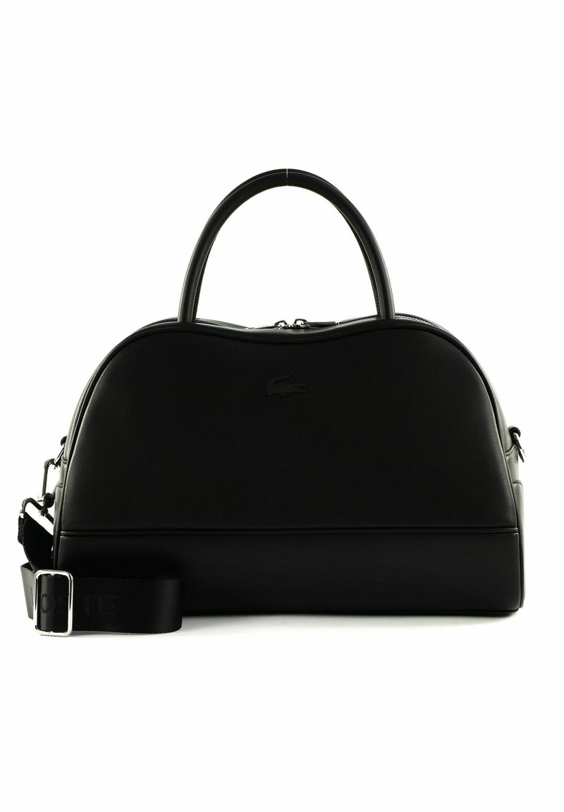 Sac à main en cuir noir de forme dôme avec deux poignées, bandoulière réglable et logo embossé subtil sur le devant.