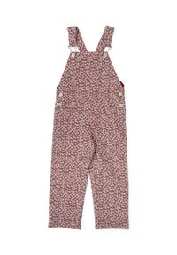 Overoles de tela con un patrón floral rojo, con tirantes ajustables y herrajes plateados en el peto y los lados, que presentan un corte relajado.