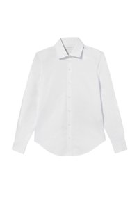 White long-sleeve shirt, button-down front, pointed collar, curved hem, plain texture, standard fit, made of woven fabric.