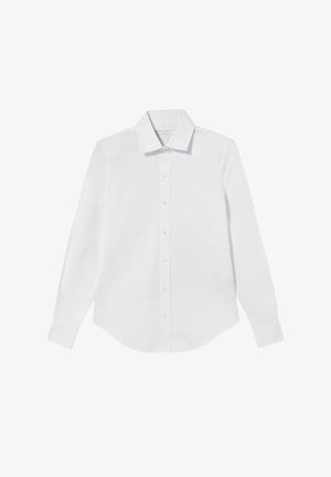 Bílá halenka s dlouhými rukávy, zapínání na knoflíky vpředu, špičatý límec, zakřivený spodní lem, hladká textura, klasický střih, vyrobená z tkané látky.