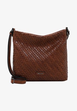 Bruine geweven leren crossbodytas met verstelbare riem en klein metalen merklogo aan de voorkant.