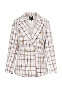 Blazer doublé en tweed blanc avec un motif à carreaux rouge et bleu, boutons dorés, revers crantés et deux poches frontales.