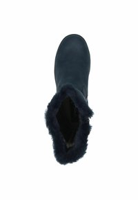 Bota de cuero azul marino con un borde de piel sintética en la parte superior. Textura suave, punta redondeada y cierre de cremallera en el lateral.