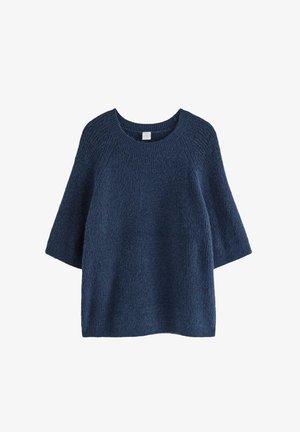 Dunkelblauer Strickpullover mit Dreiviertelärmeln, rundem Ausschnitt und strukturierter Oberfläche. Lässige, lockere Passform, keine sichtbaren Verschlüsse.