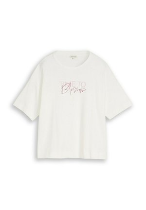 Fehér, rövid ujjú, kerek nyakú póló, elöl világos rózsaszín, dőlt betűs "TIME TO Blossom" felirattal.