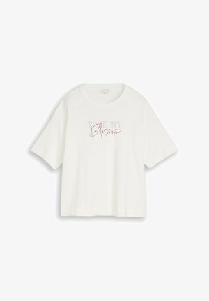Camiseta blanca de manga corta con cuello redondo que lleva el texto "TIME TO Blossom" en rosa claro y con tipografía cursiva en la parte delantera.