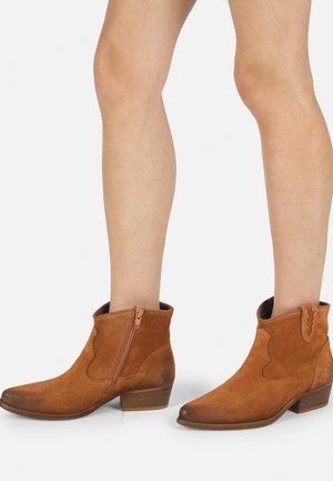 Brown suede ankle boots with pointed toes, a side zipper, and decorative stitching along the seams. Low stacked heel.