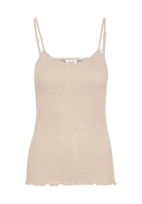 Beige žebrovaný top bez rukávů s tenkými ramínky a V-výstřihem. Obsahuje texturovaný vzor a volánkový lem na spodní straně. Měkký látkový materiál.