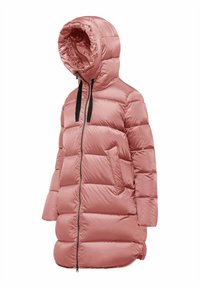 Giacca puffer rosa chiaro con cappuccio, dotata di chiusura a zip, due tasche frontali e lacci neri in contrasto, realizzata in tessuto trapuntato.
