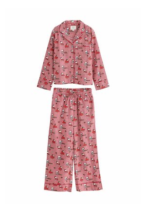 Conjunto de pijama de manga larga a cuadros rojos y blancos con dibujos de Snoopy y corazones rojos, que incluye una camisa abotonada y pantalones con cordón.