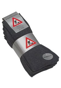 Calze da lavoro in cotone grigio confezionate con un'etichetta argento che presenta un triangolo di avvertimento e la parola "Baumwolle". Tessuto testurizzato, piegate ordinatamente.