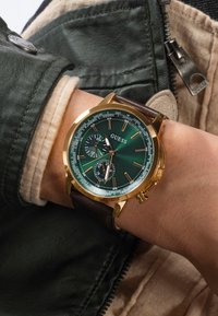 Grüne Zifferblatt-Uhr mit goldfarbenem Edelstahlgehäuse, braunem Lederarmband und Hilfszifferblättern. Verfügt über Weltzeit-Markierungen und markante Stundenindizes.