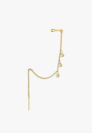 Guldørering med en delikat kæde og tre runde charms, hver med en glitrende sten. Enkelt, elegant design med en skrueklap.