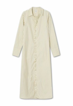 Pruhované dlhé šaty vo svetlej krémovej a olivovozelenej farbe, s golierom, volánovým zapínaním na gombíky a dlhými rukávmi so manžetami.