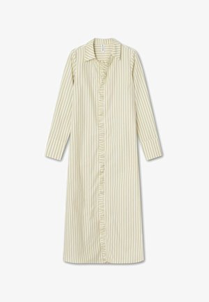 Csíkos, világos krém és olíva zöld hosszú ingruha, felső gombos, fodros gombolású kivágással és hosszú, mandzsettás ujjakkal.