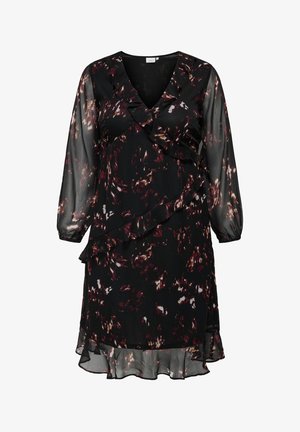 Sort gennemsigtigt langærmet wrap-kjole med mørkerød og hvid abstrakt blomsterprint, flæser langs halsudskæringen og kanten, elastiske manchetter.