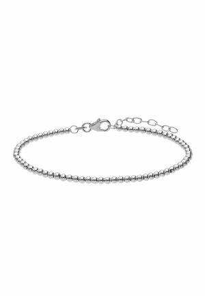Silver beaded bracelet with lobster clasp and short adjustable chain on a white background.