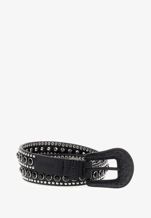 Black leather belt with silver-tone studs and decorative buckle, featuring an embossed design and textured surface.