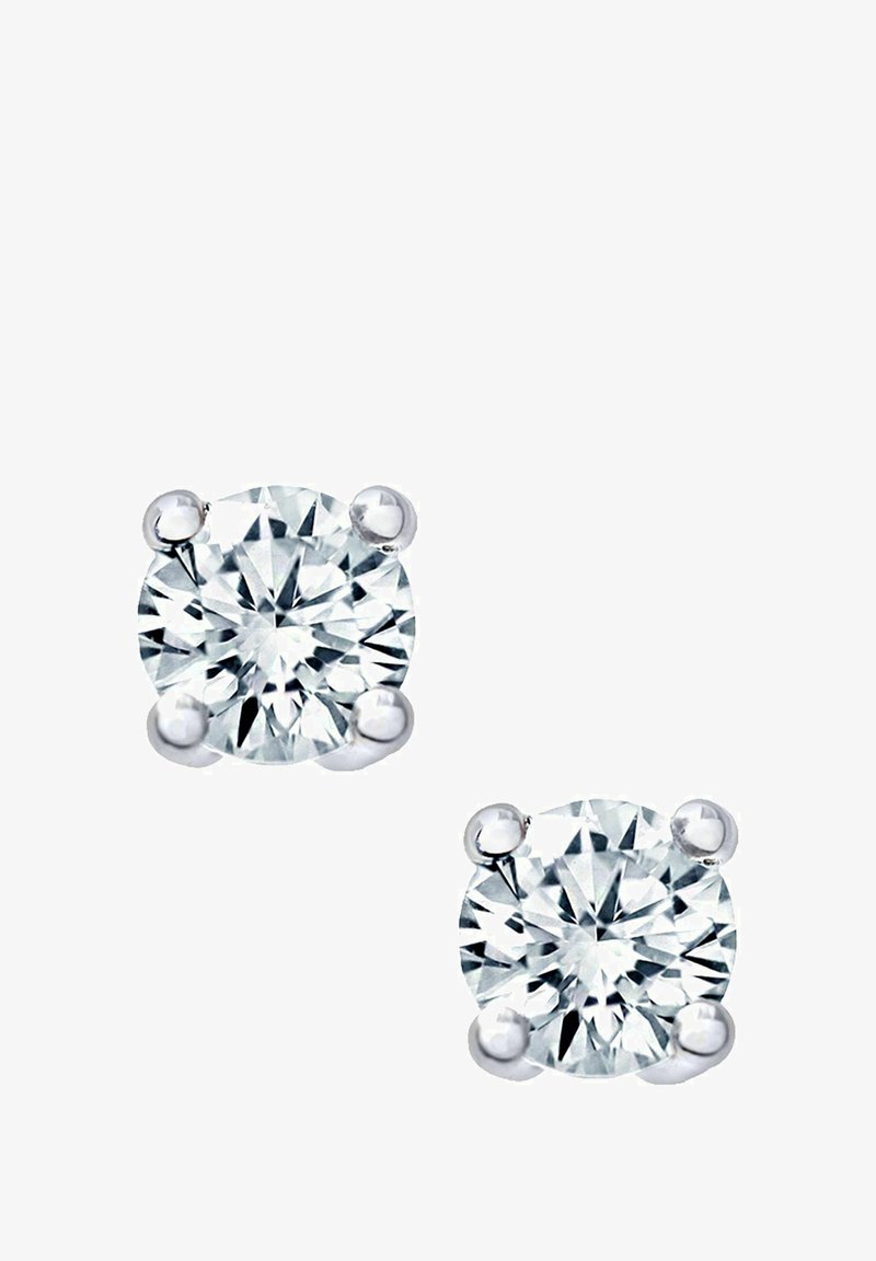 Okrogle naušnice s dijamantima na klinčiće s četiri kandže, srebrni okvir, prozirni i briljantno rezani, s visokom jasnoćom i sjajem.