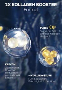 Klaren, gelartigen Kugeln sind zu sehen, mit inneren goldenen Partikeln, vor einem verschwommenen blauen Hintergrund. Der Text hebt kollagenfördernde Inhaltsstoffe hervor.