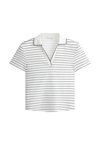 Polo blanc à manches courtes avec fines rayures horizontales noires et petit col en V.