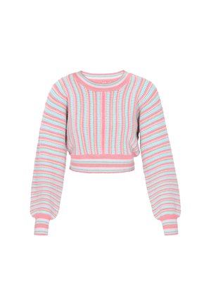 Džemper s dugim rukavima od pletene tkanine, kratkog kroja, u horizontalnim prugama pastelne ružičaste, plave i bijele boje, s okruglim izrezom i rebrastim manžetama.