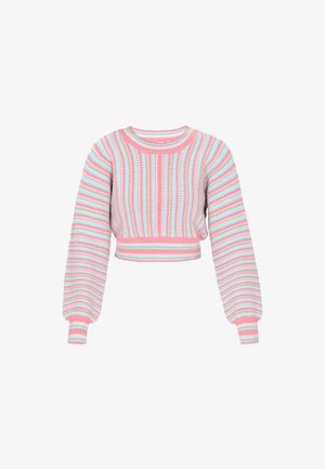 Pulover scurt din tricot cu mânecă lungă, cu dungi orizontale în nuanțe pastel de roz, albastru și alb, având decolteu rotund și manșete cu nervuri.