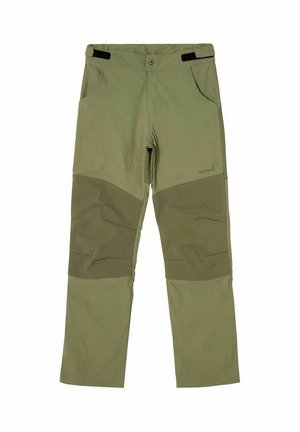 Olivenfarvede udendørsbukser med forstærkede knælapper, sidelommer, justerbare talje stropper og knaplukning.