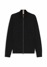 Svart zip-up jacka med ribbad krage, raglanärmar, två sidofickor och en slät yta. Har en kontrasterande inre krage.