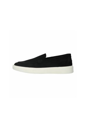 Black slip-on shoe with a smooth suede upper, white rubber sole, streamlined design, and subtle stitching detail along the edges.