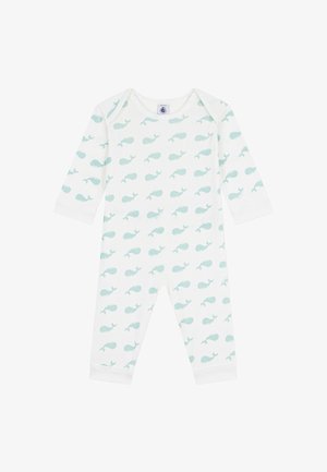 Λευκό βρεφικό φορμάκι με μακριά μανίκια, διακοσμημένο με επαναλαμβανόμενο μοτίβο ανοιχτό μπλε φάλαινας· κατασκευασμένο από απαλό ύφασμα με περιλαίμια στους αστραγάλους.