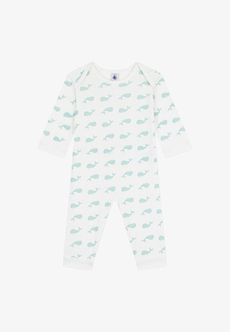 Λευκό βρεφικό φορμάκι με μακριά μανίκια, διακοσμημένο με επαναλαμβανόμενο μοτίβο ανοιχτό μπλε φάλαινας· κατασκευασμένο από απαλό ύφασμα με περιλαίμια στους αστραγάλους.