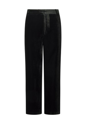 Black velvet trousers with a straight-leg design, featuring a smooth texture and no visible hardware or embellishments.