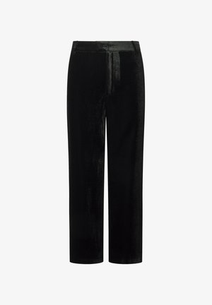 Schwarze Samt-Hosen im geraden Schnitt, mit einer glatten Textur und ohne sichtbare Beschläge oder Verzierungen.