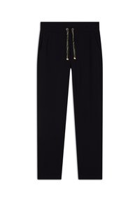 Pantaloni da jogging neri con cintura elastica regolabile, due tasche laterali e dettagli in oro. Realizzati in un materiale liscio e morbido.