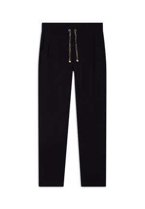Pantaloni da jogging neri con cintura elastica regolabile, due tasche laterali e dettagli in oro. Realizzati in un materiale liscio e morbido.
