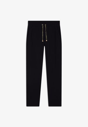 Pantalons de jogging noirs avec une taille à cordelette, deux poches latérales et des accents en or. Fabriqués à partir d'un matériau lisse et doux.