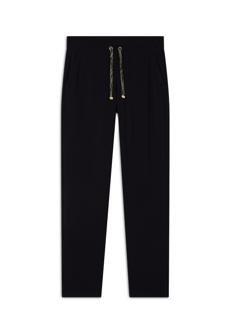 Pantaloni da jogging neri con cintura elastica regolabile, due tasche laterali e dettagli in oro. Realizzati in un materiale liscio e morbido.