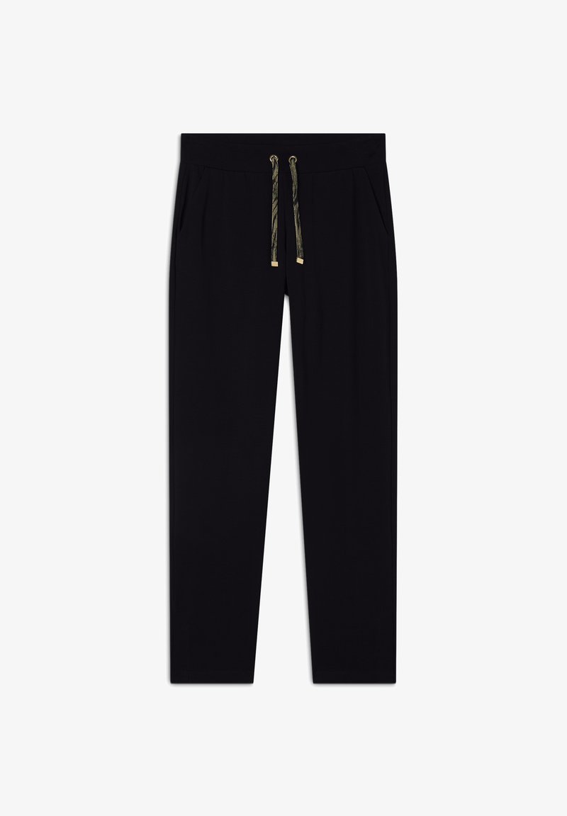 Pantaloni da jogging neri con cintura elastica regolabile, due tasche laterali e dettagli in oro. Realizzati in un materiale liscio e morbido.