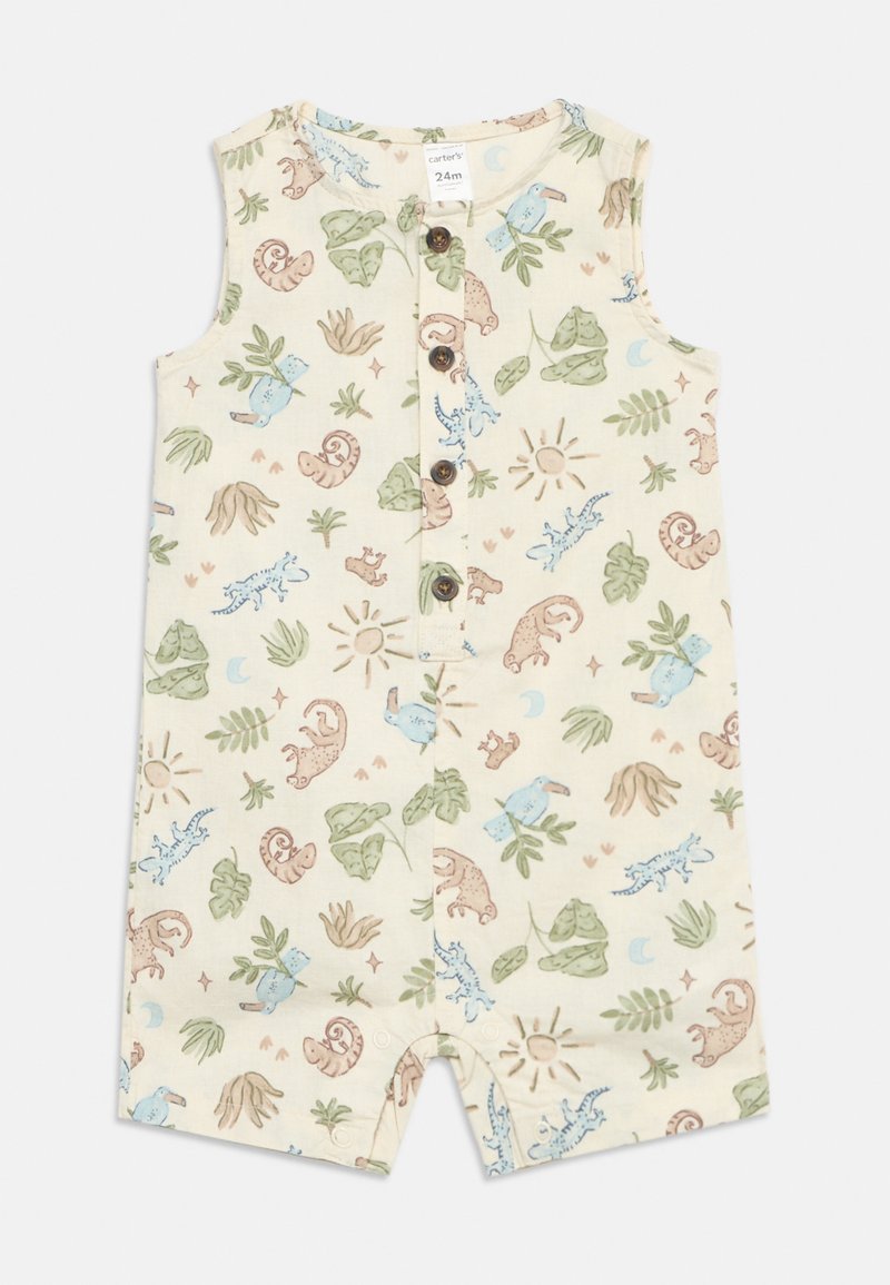 Βρεφικό φορμάκι χωρίς μανίκια με κουμπιά μπροστά, με παστέλ εκτυπώσεις δεινόσαυρου, πουλιού, φύλλου και ήλιου σε κρεμ ύφασμα, μέγεθος 24 μηνών.