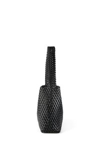 Woven black leather tote bag with a structured shape and a long, textured handle. Features a minimalist design and a flat base.