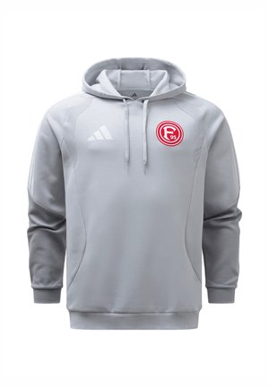 Jasnoszara bluza z kapturem Adidas z przednimi kieszeniami, regulowanym sznurkiem w kapturze i czerwonym logo klubu piłkarskiego Fortuna Düsseldorf na piersi.