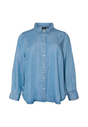 Hellblaue Denim-Langarmbluse mit Kragen und Vorderknöpfen, mit leicht aufgepufften Ärmeln und geknöpften Manschetten.