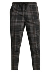 Pantaloni da uomo slim fit con coulisse, in motivo tartan nero, grigio e marrone, con elastico in vita e gamba affusolata.