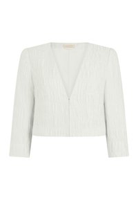 White cropped jacket with subtle embossed texture, long sleeves, and deep V-neckline with a front zipper closure.