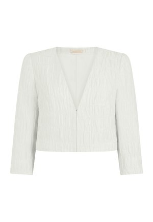 Weiße kurze Jacke mit dezentem, geprägtem Muster, langen Ärmeln und tiefem V-Ausschnitt mit Reißverschluss vorne.