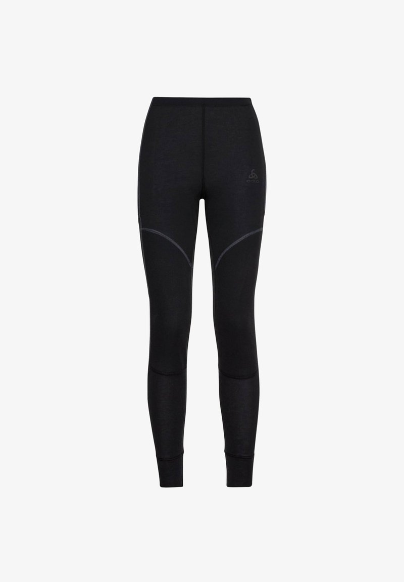 Leggings atletici neri con un design aderente, caratterizzati da cuciture eleganti e un logo sulla vita per un aspetto moderno.