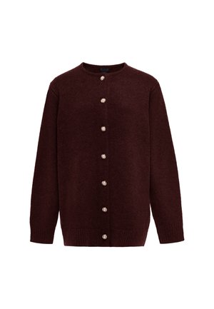 Donkerbruine gebreide cardigan met lange mouwen en zeven parelachtige knopen aan de voorkant, met een ronde hals en een geribbelde zoom en manchetten.