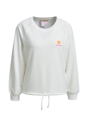 White long-sleeve sweatshirt with round neckline, drawstring hem, and small orange circle with pink "Valencia" text on the chest.