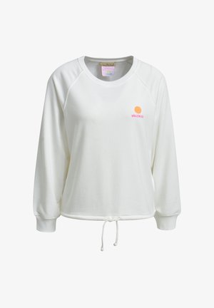 White long-sleeve sweatshirt with round neckline, drawstring hem, and small orange circle with pink "Valencia" text on the chest.